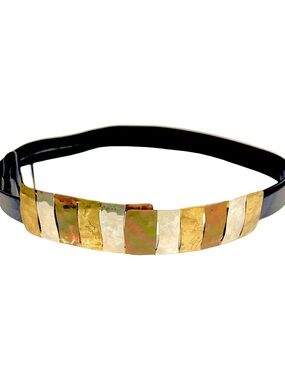 Bonnie Boynton black genuine leatherBelt with Mixed Gold and Silver Metal Panels
